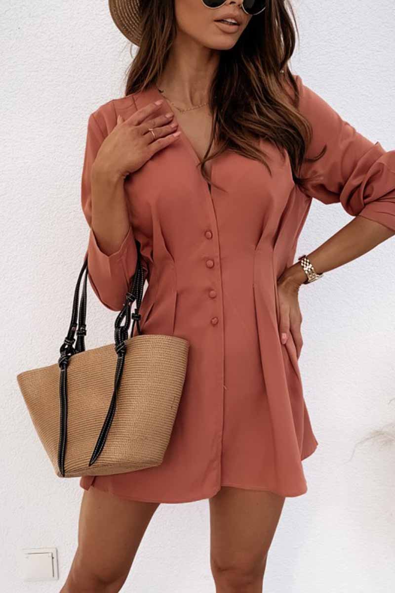 Florcoo V-neck Button Long Sleeve Mini Dress