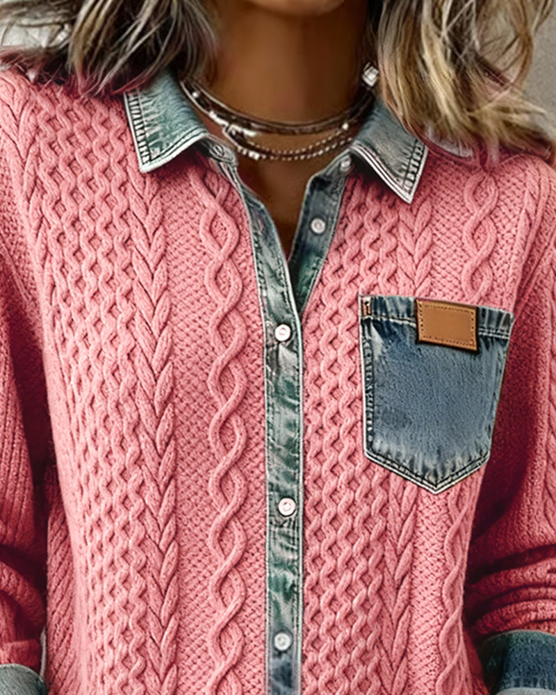 Collared Button Front Cable Knit Denim Contrast Shirt 2