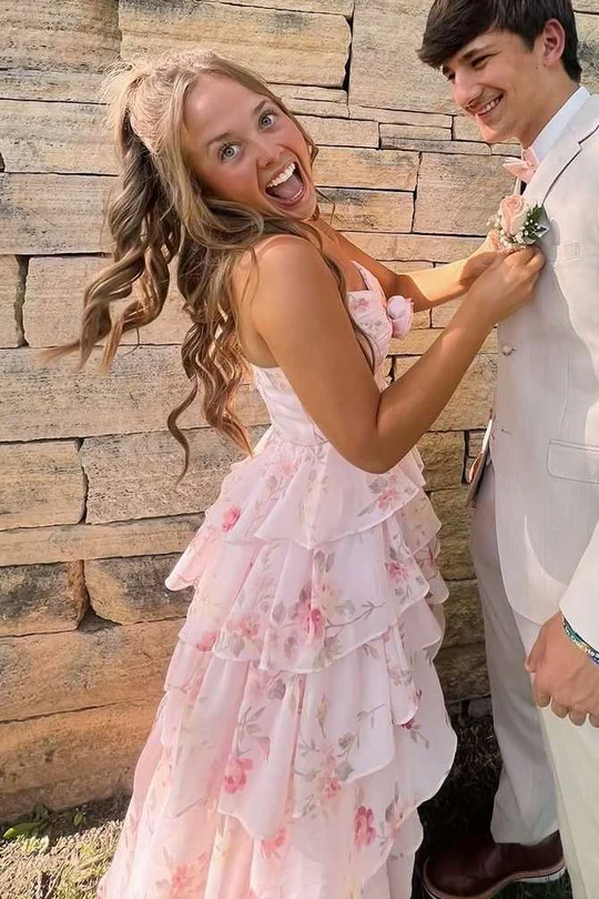 Pink A-Line Strapless Empire-Waist V-Neck Ruffles Print Prom Dress - Fashionpara