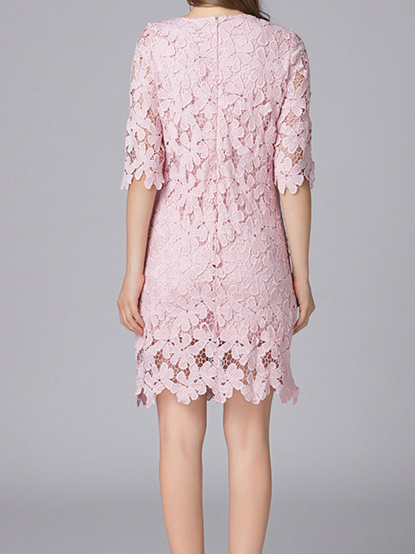 Floral Lace Round Neck Half-Sleeve Scalloped Mini Dress 2