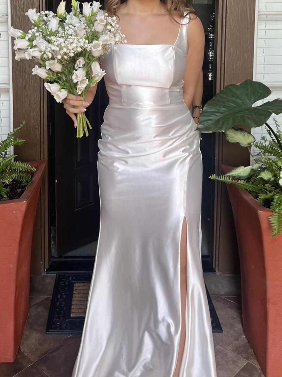 Elegant White Satin Slit Mermaid Long Wedding Dress Formal Bridal Dress D1811