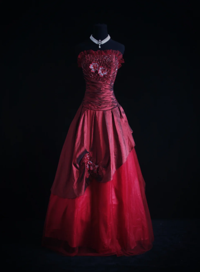 Vintage Burgundy Strapless Satin Tulle Beaded A Line Long Evening Dress Birthday Prom Gown D1662