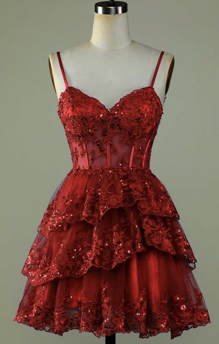 Pretty Spaghetti Straps Red Tulle Lace Short Prom Dress Homecoming Dress D459