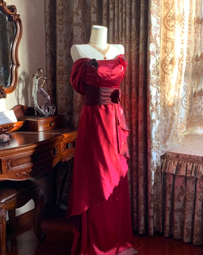 Stylish Burgundy Satin Ruffles Long Party Dress Evening Gown D1777