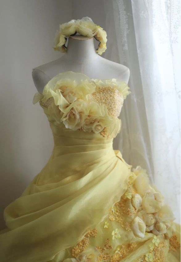 Yellow Pleated Layered Puff Sweet 15 Ball Gown Pleated Wedding Dress