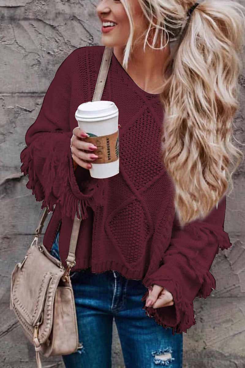 Florcoo Elegant Solid Color Knitted Tassel Sweater Top