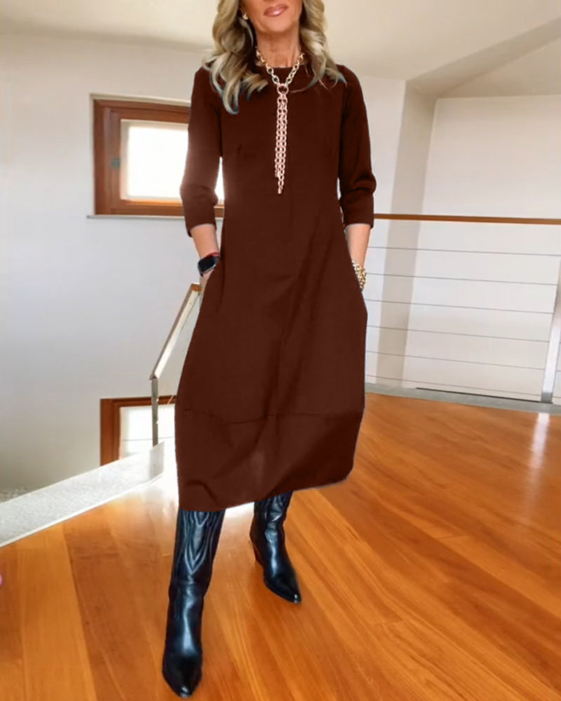 Round Neck Quarter Sleeve Zip Front Sheer Hem Midi Dress 11