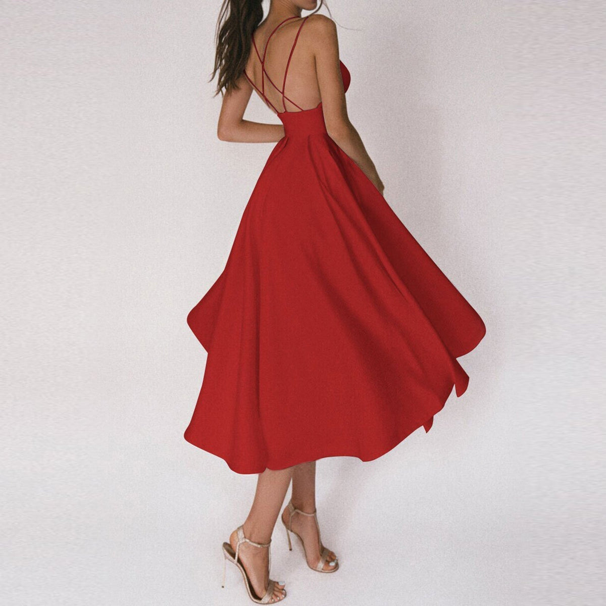 Spaghetti Strap Cross Back Open Back Fit and Flare Midi Cocktail Dress - View 3