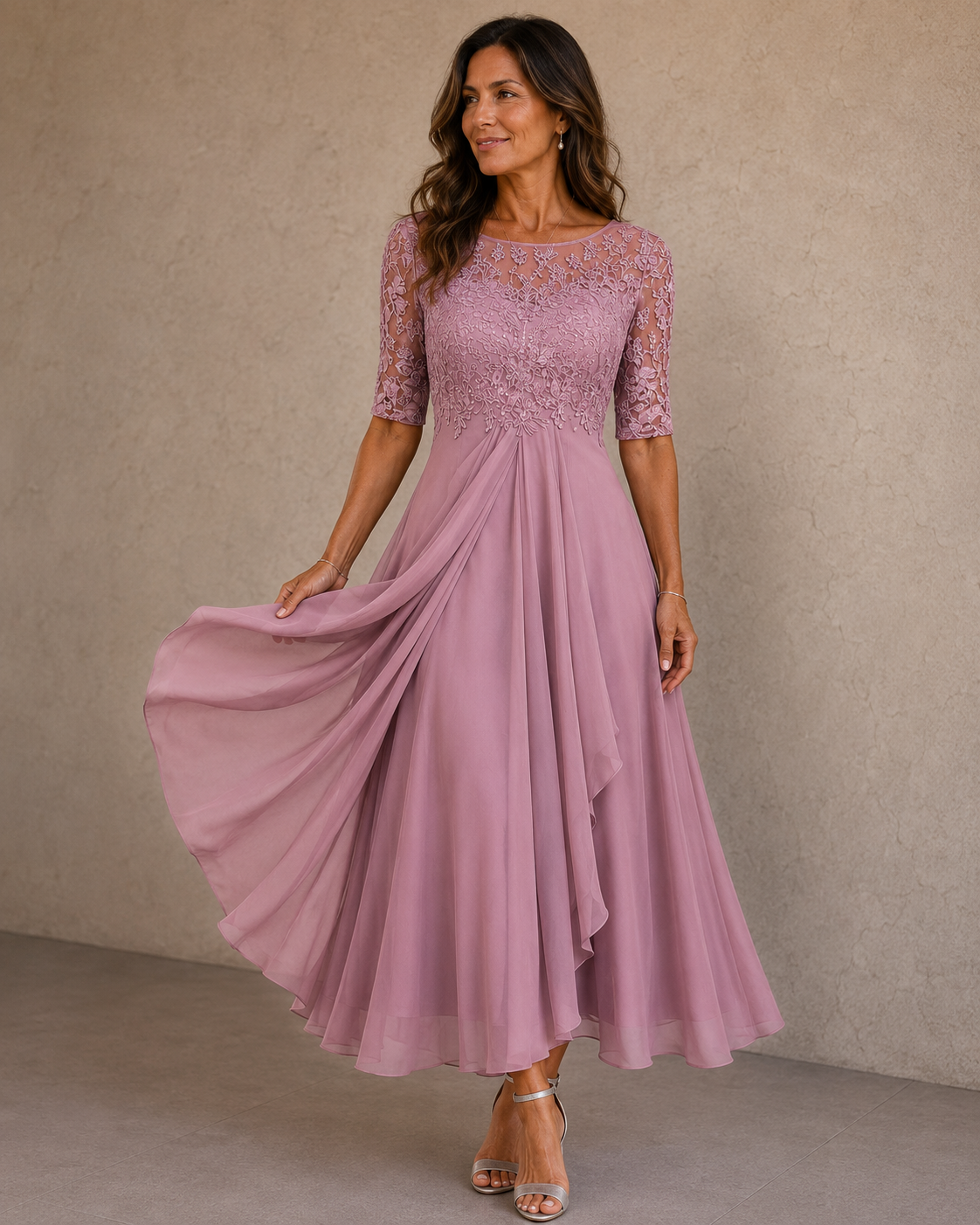 Lace Bodice Round Neck Short Sleeve Chiffon Midi Dress 3