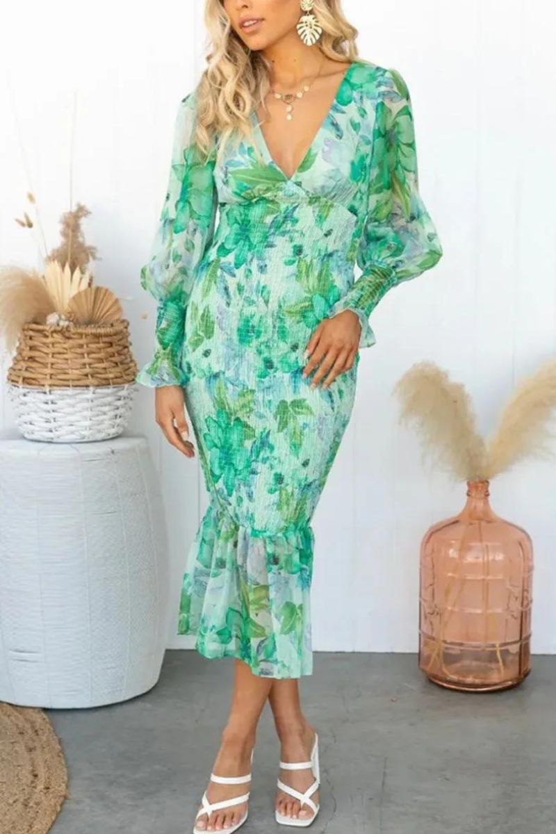 Floral Print Deep V-Neck Bishop Sleeve Ruffle Hem Mermaid Midi Dress - View 2