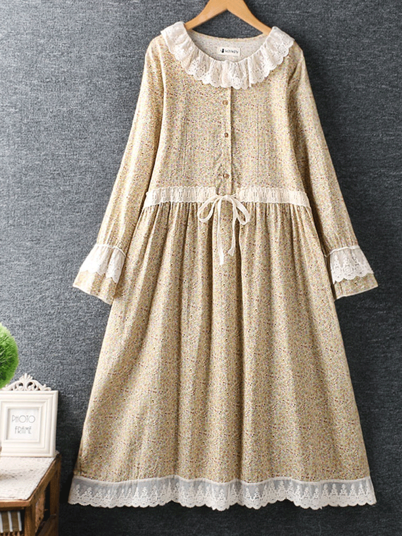Ditsy Floral Print Lace Collar Long Sleeve Midi Dress