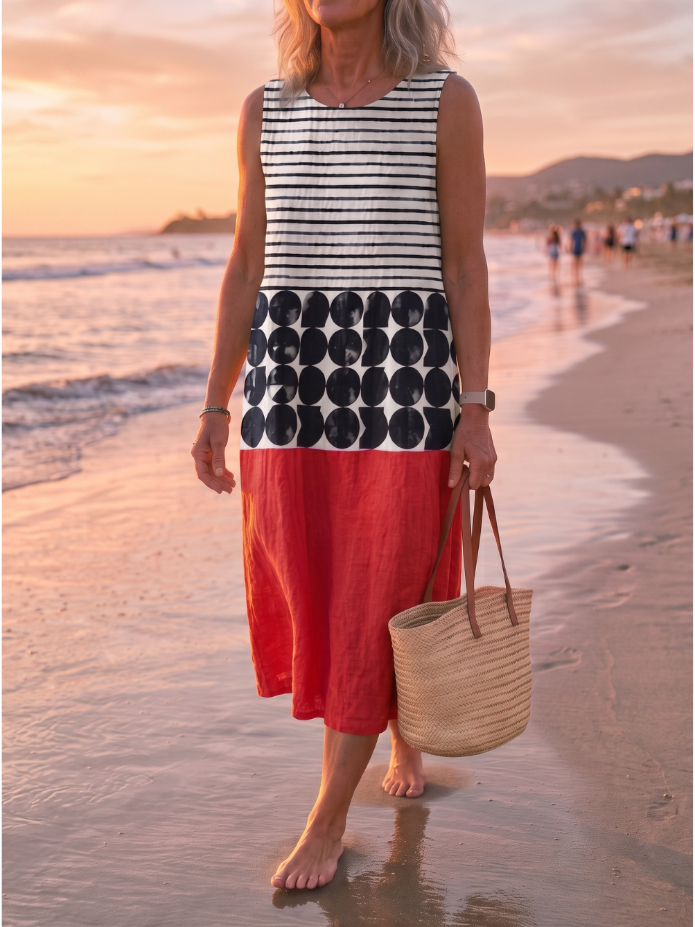 Striped Polka Dot Colorblock Sleeveless Midi Dress