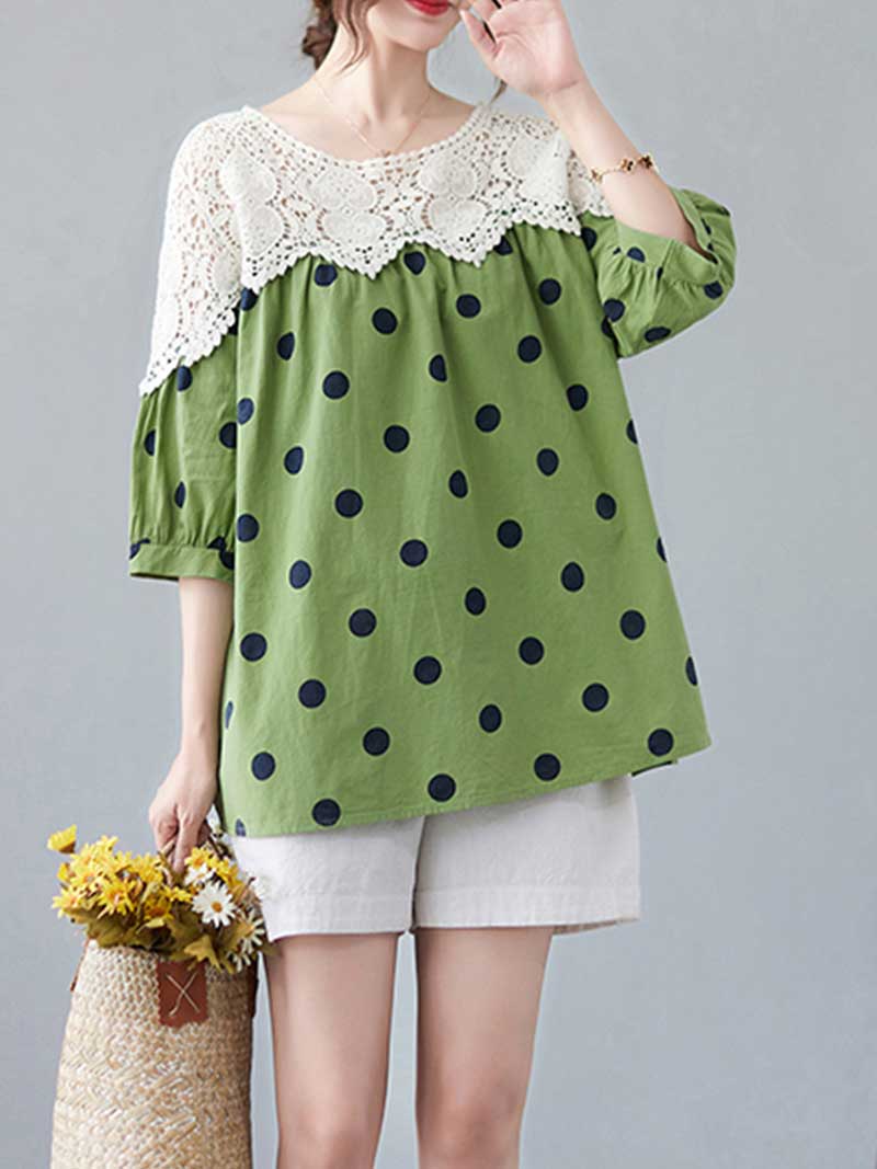 Polka Dot Print Cotton Floral Net Lace Shirt Top - Fashionpara