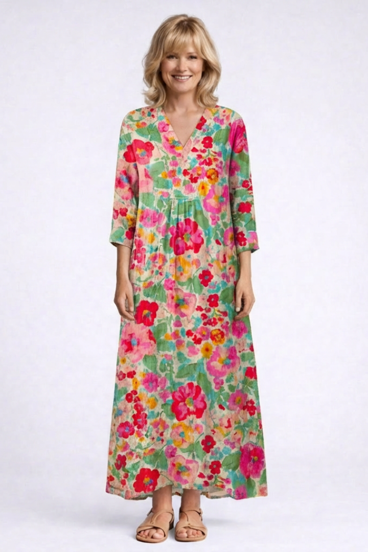 Floral Print V-Neck Button Placket A-Line Maxi Dress
