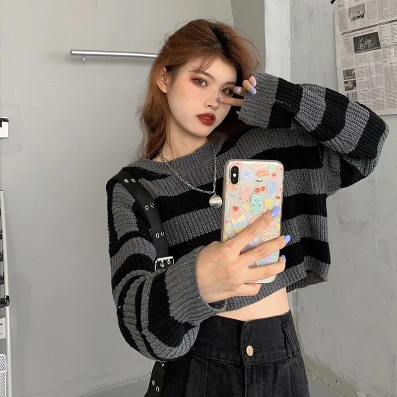 KittenAlarm - Loose Long Sleeve Striped Sexy Short Sweater