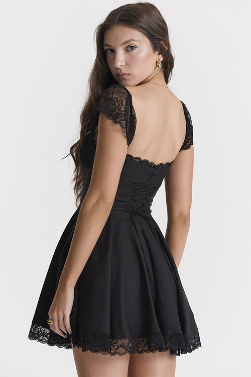 Square Neck Lace Trim Cap Sleeve Flared Mini Dress 4