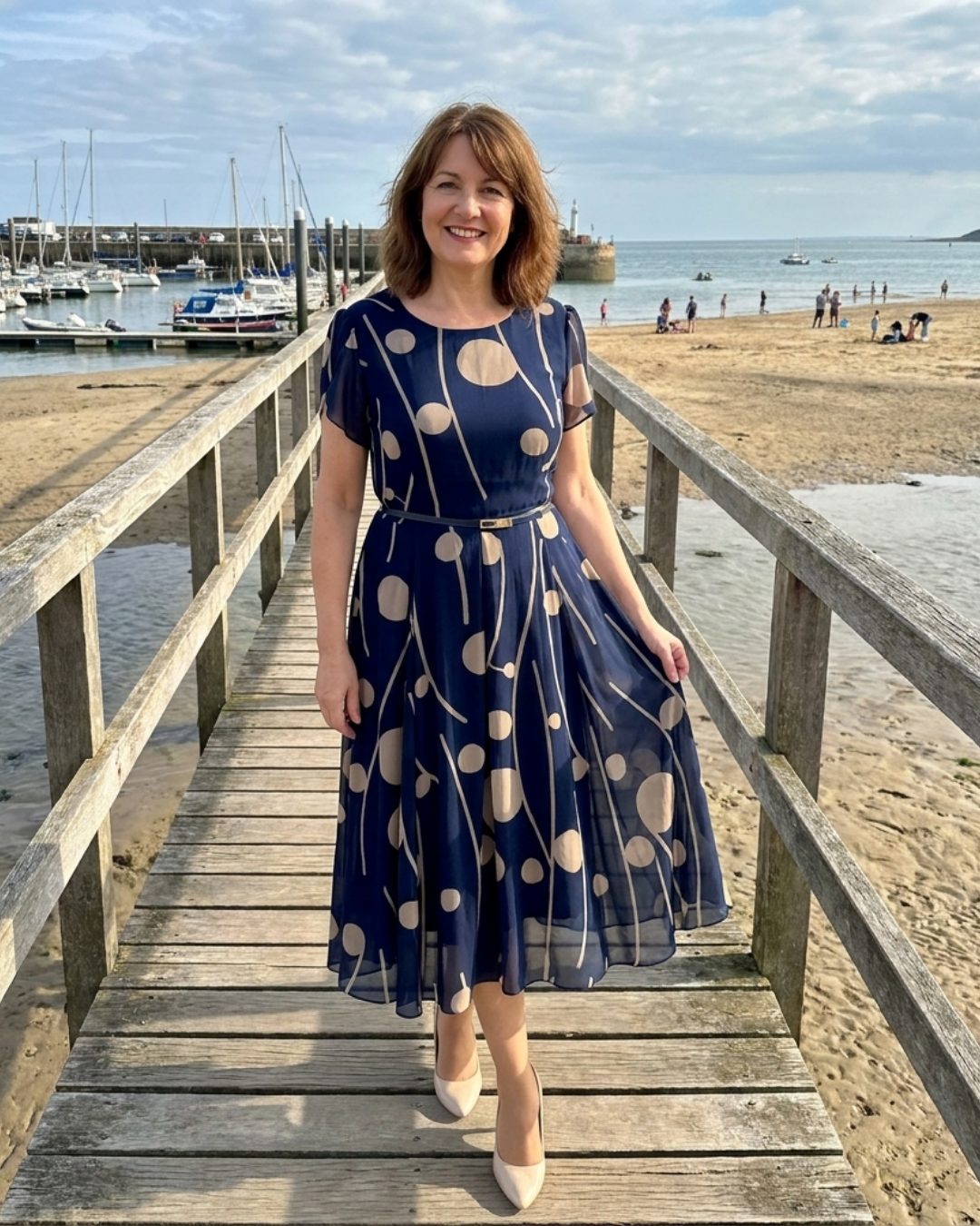 Polka Dot Print Short Sleeve Belted Midi Dress 3