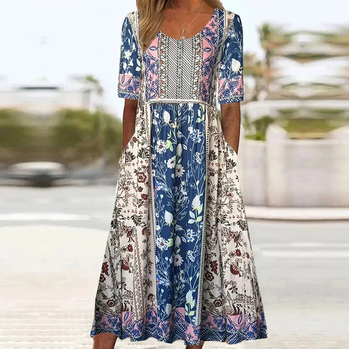 Boho Floral Square Neck Short Sleeve Tiered Midi Dress 13