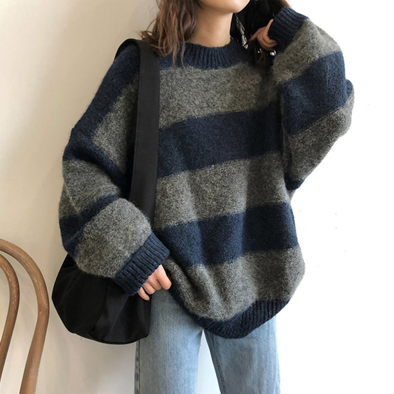KittenAlarm - Long Sleeve O-Neck Knitted Striped Sweater
