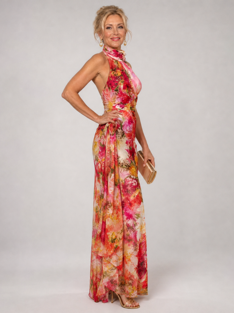 Floral Print Halter Neck Ruffle Backless Maxi Gown 2
