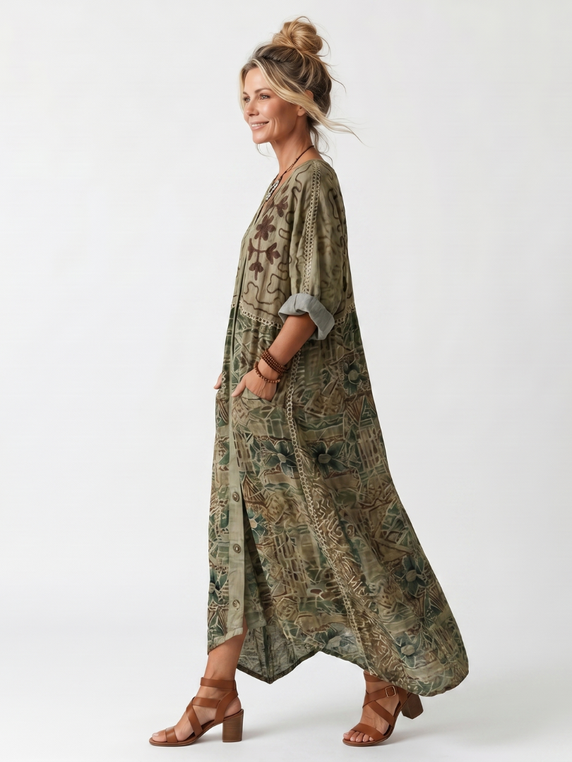 Boho Print V-Neck Button Front Pocket Midi Dress 2