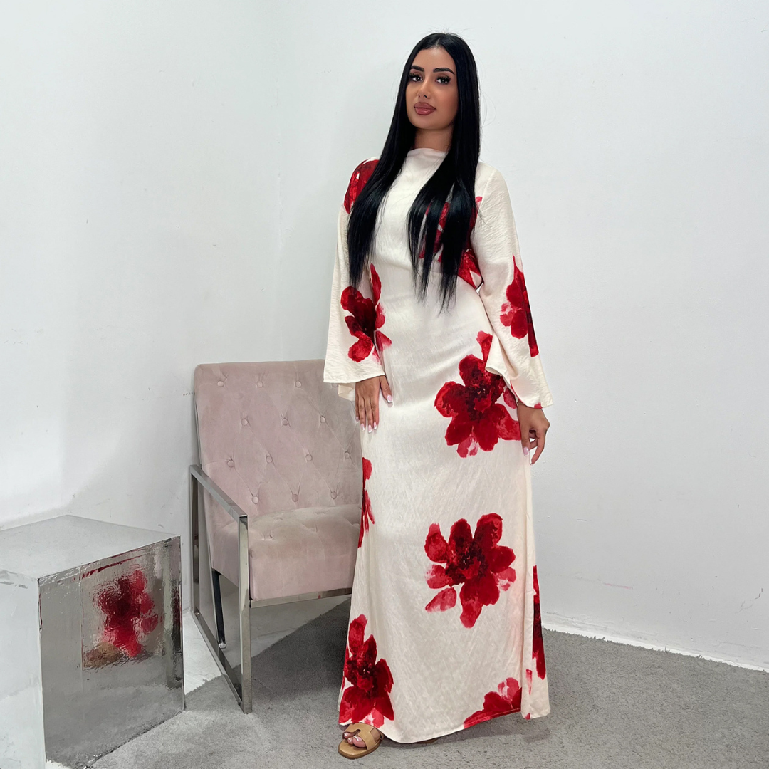 Floral Round Neck Flare Sleeve Bodycon Maxi Dress 3