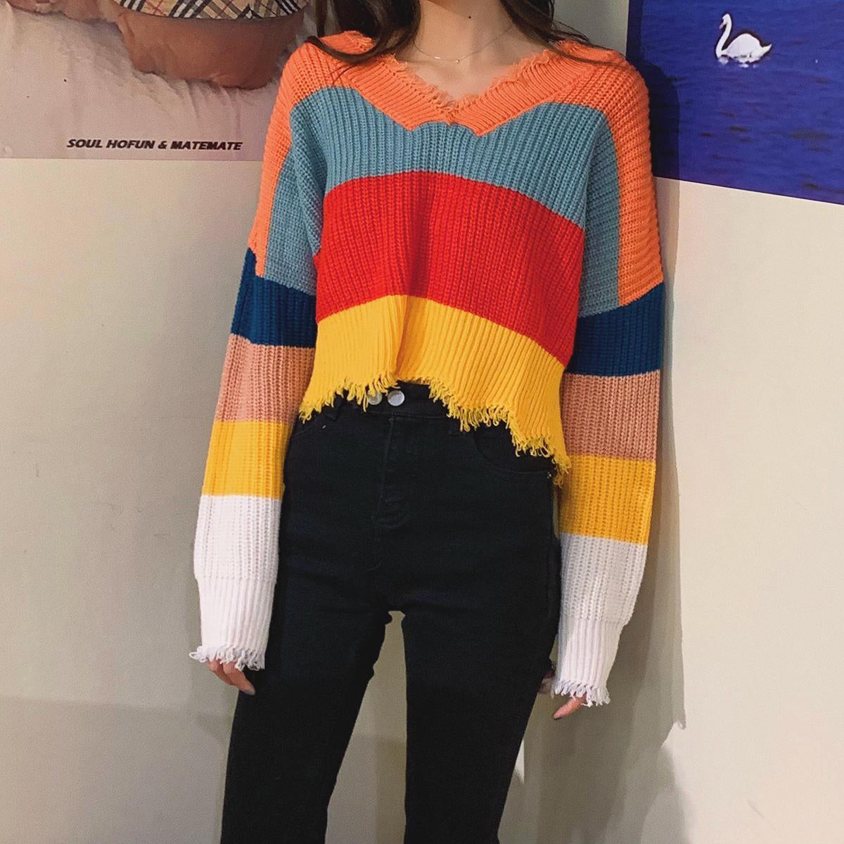 KittenAlarm - V-Neck Colorful Striped Tassel Sweater