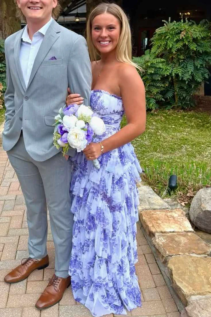 A-Line Strapless Empire-Waist Layered Print Sleeveless Prom Dress - Fashionpara