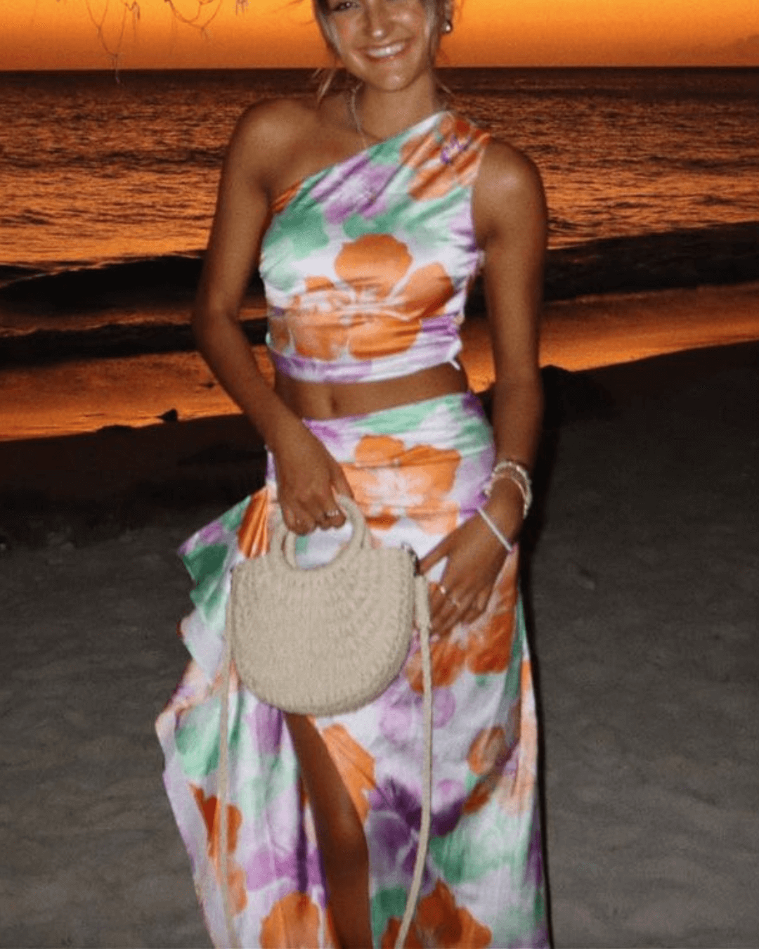 One Shoulder Crop Top and Slit Ruffle Maxi Skirt Set - Fashionpara