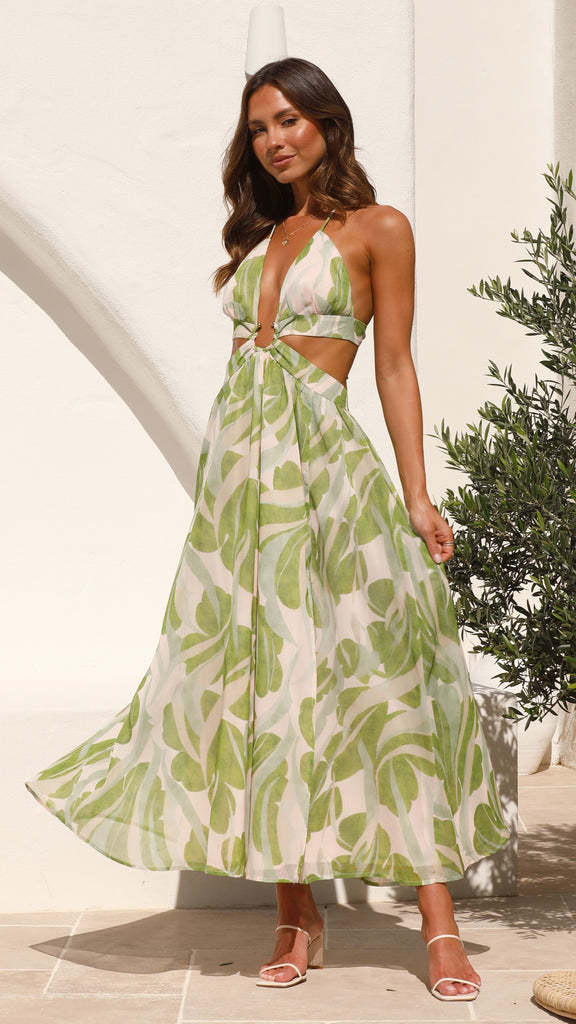 Tropical-Print Halter Plunge Cut-Out A-Line Maxi Dress 4