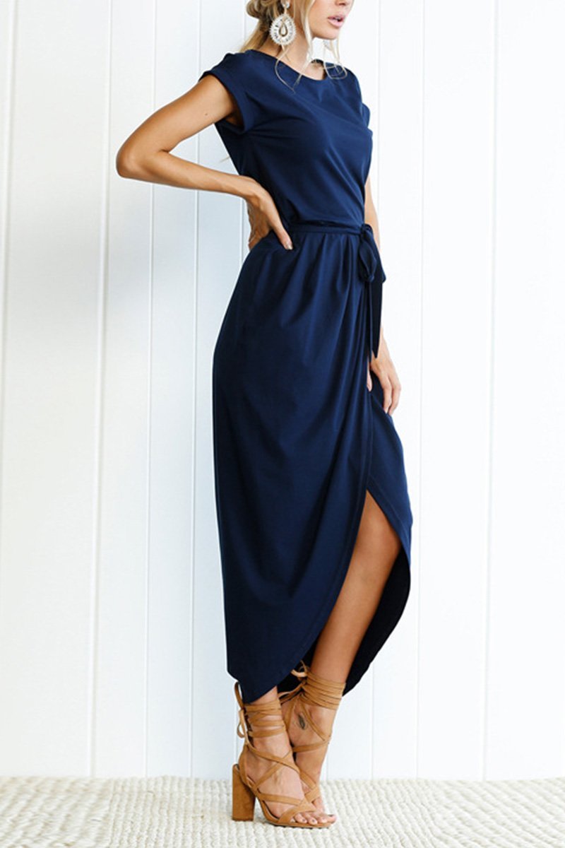 Short Sleeve Tie Waist Wrap Tulip Hem Midi Dress - View 9