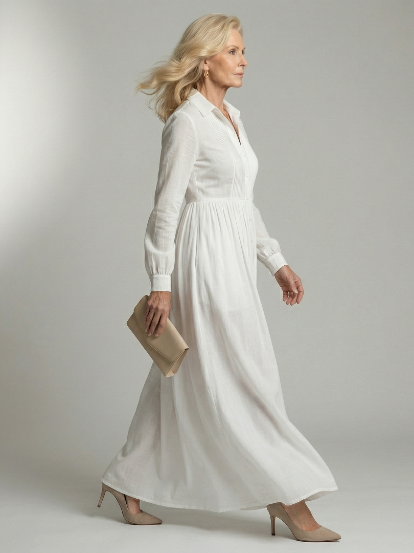 Collared Long Sleeve Pintuck Button Front Maxi Shirt Dress 2