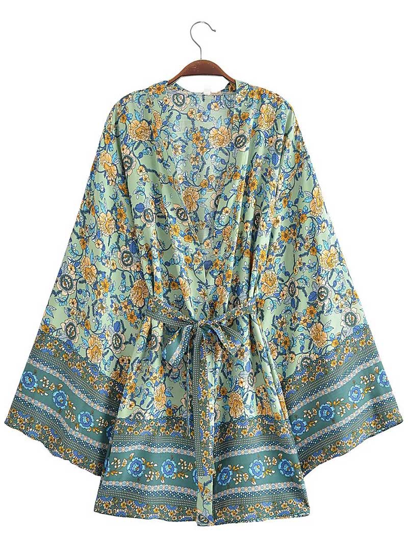 Short Floral Print Purple, Green, & Beige Cotton Short Length Gown Kimono Duster Robe 2