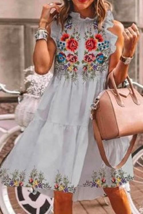 Casual Ruffle Floral Printed Midi Tiered Dress - Fashionpara