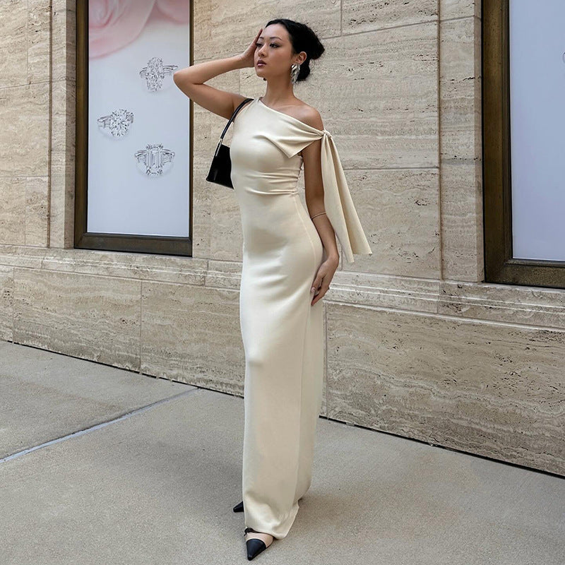 One-Shoulder Asymmetric Draped Column Maxi Dress 3