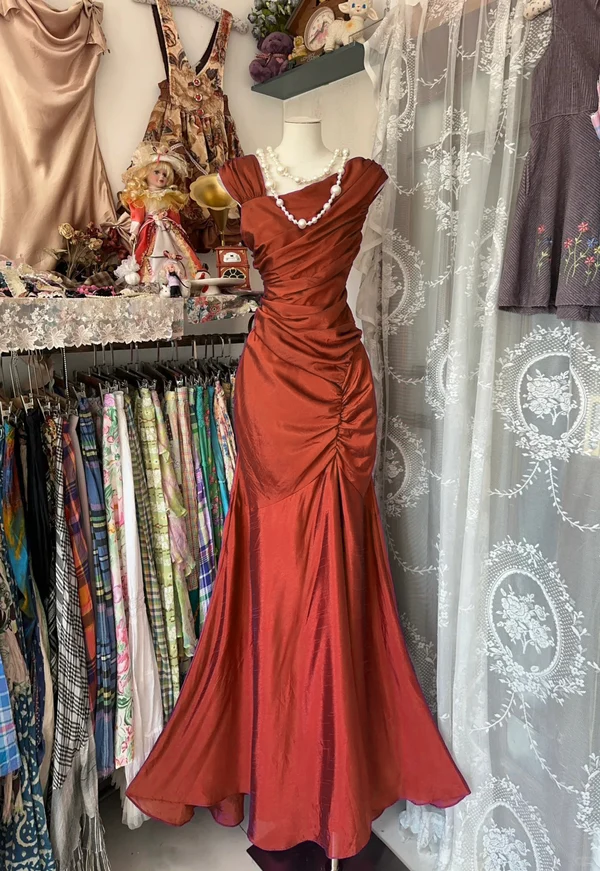 Mermaid Pleats Vintage Prom Dress Long Evening Dress - Fashionpara