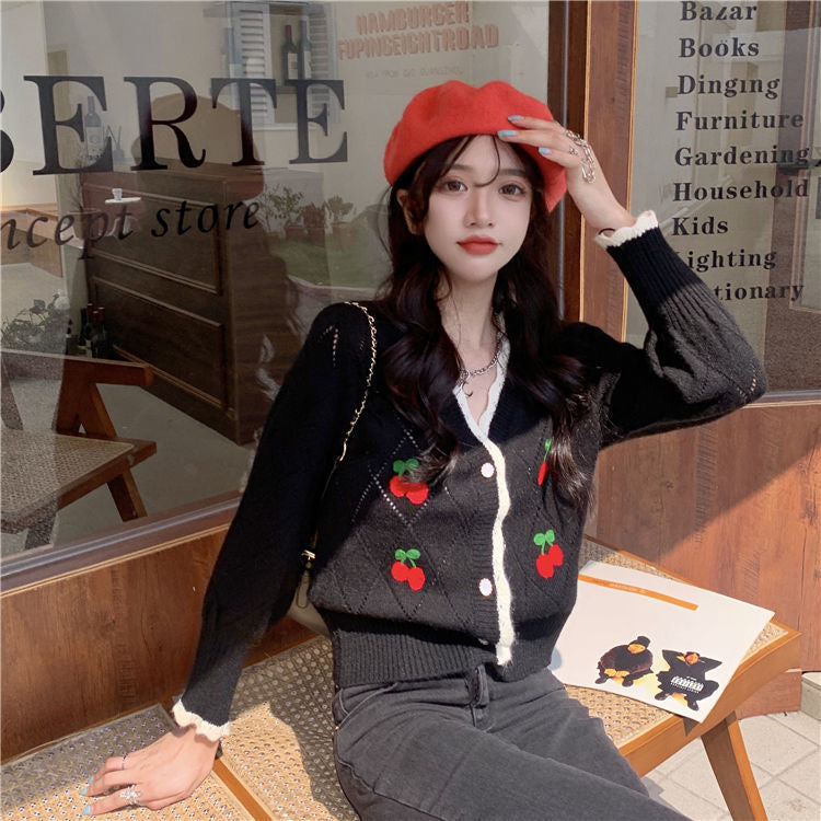 KittenAlarm - V-Neck Elegant Cherry Pattern Cardigan Sweater