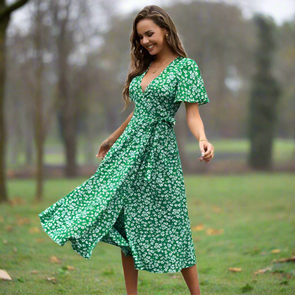 Floral V-Neck Short Sleeve Wrap Midi Dress 3