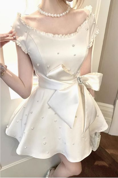 Pearl Satin A-Line Birthday Dress Bow Homecoming Dress - Fashionpara