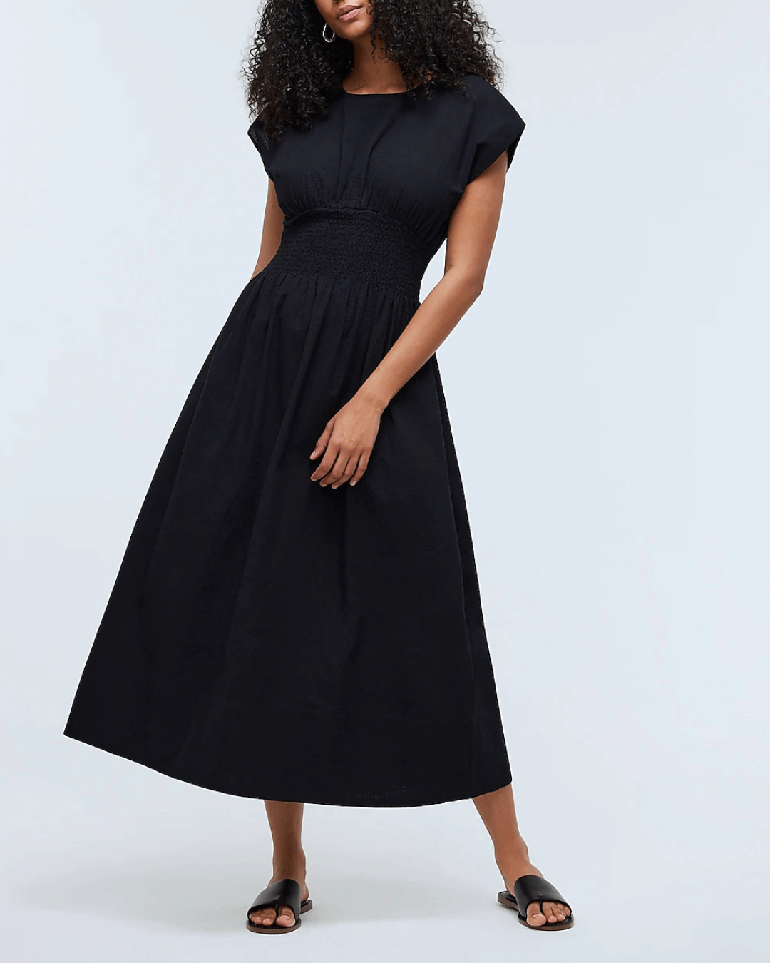 Smocked-Waist Midi Dress in Stripe Seersucker - Fashionpara