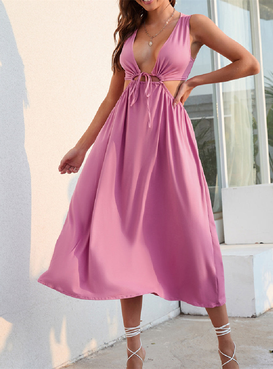 Plunge V-Neck Cut-Out Waist A-Line Midi Dress 3