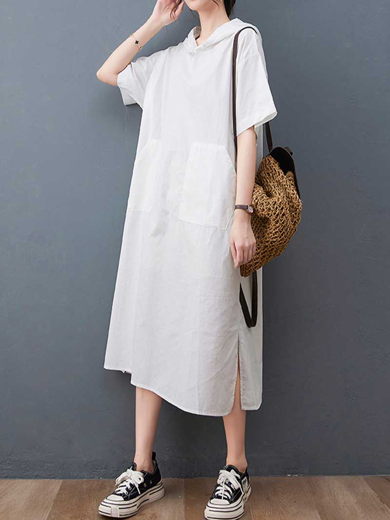 Hooded Short Sleeve Double Patch-Pocket A-line Midi Dress 2