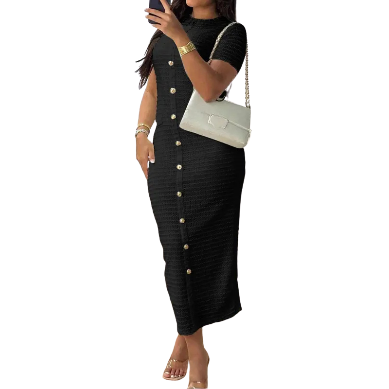 Crew Neck Short Sleeve Button Front Textured Bodycon Midi Dress 3
