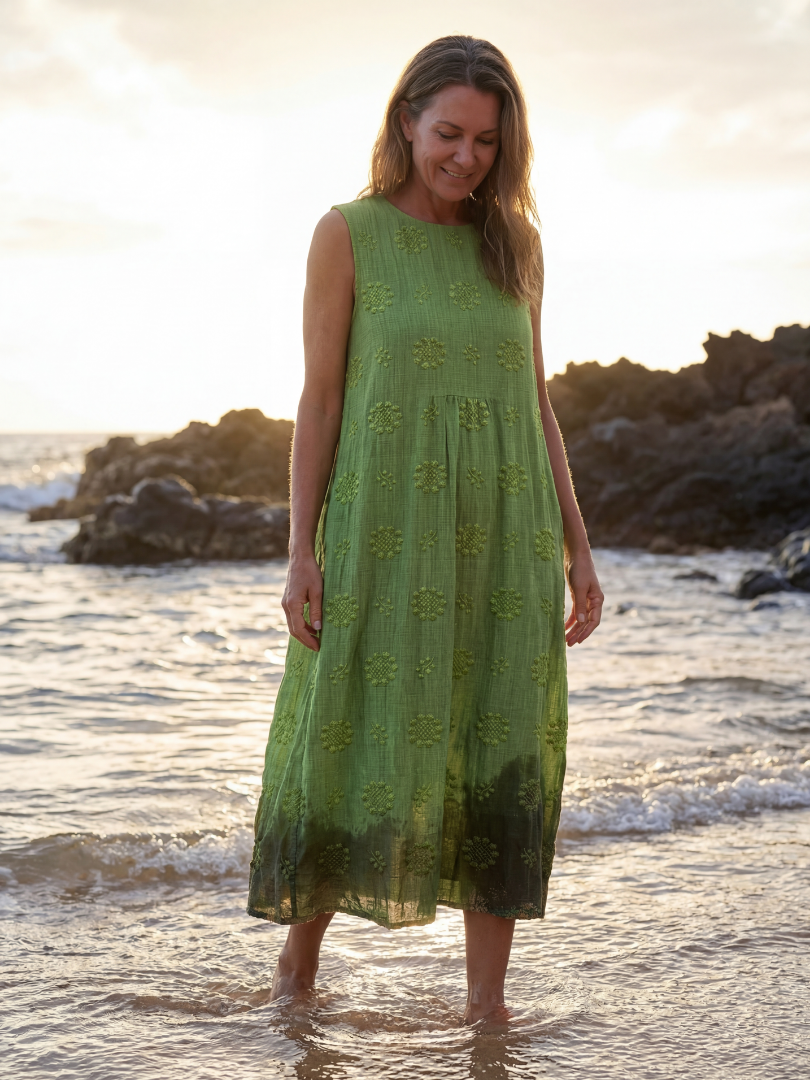 Round Neck Sleeveless Textured Embroidered Midi Dress 2