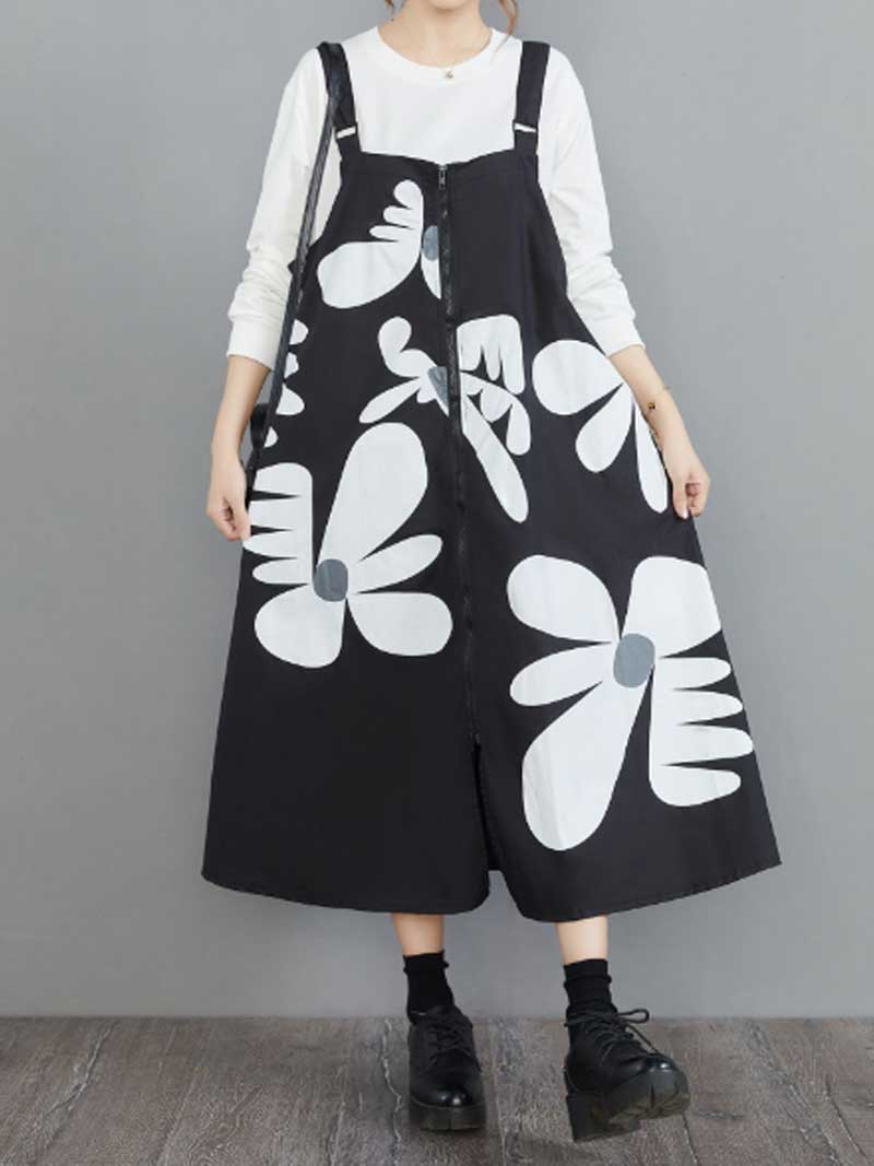 Floral Print Front Zip Pinafore Salopette Midi Dress 3