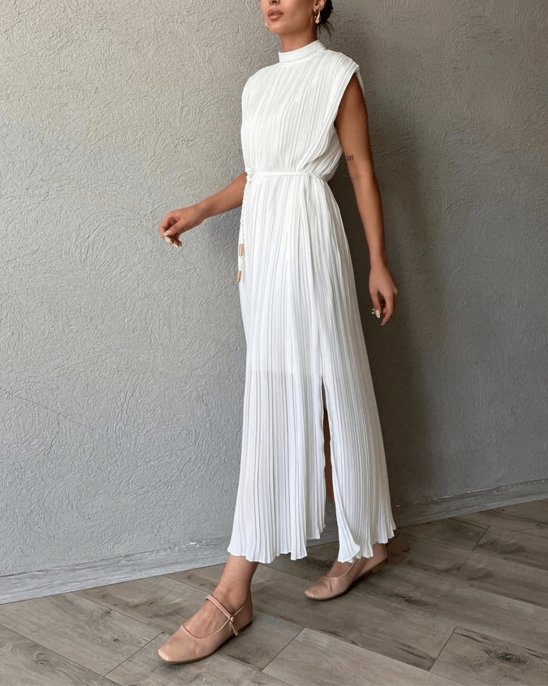 Ecru Pleated High Neck Midi Dress - Fashionpara