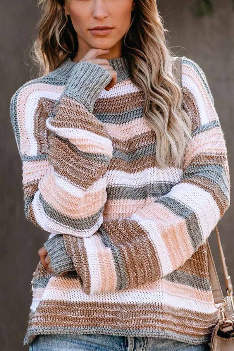 Florcoo Long-Sleeved O-neck Striped Sweater for Elegance