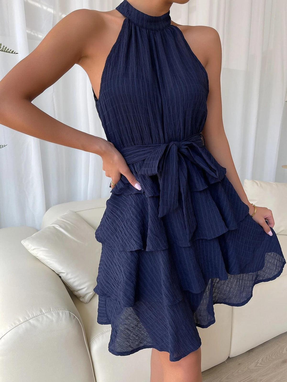 Chiffon Halter Neck Belted Tiered Mini Dress 3