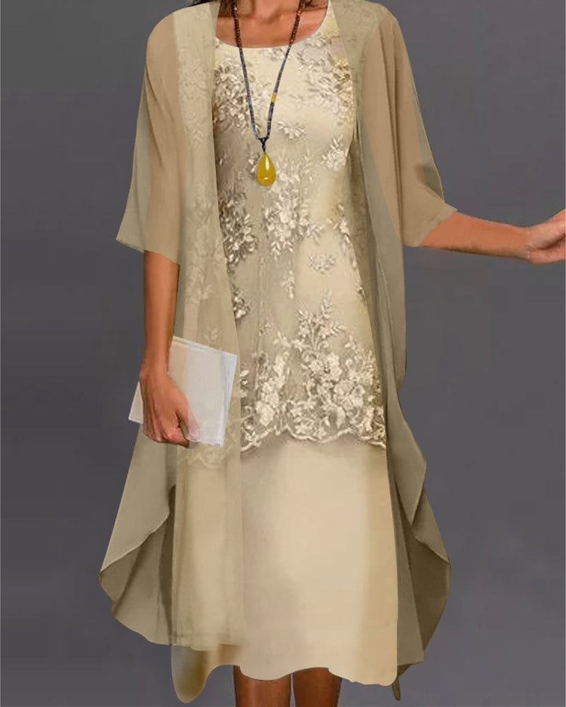 Lace Bodice Round Neck Midi Dress Chiffon Cardigan Two-Piece Set - View 2