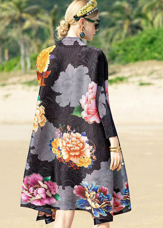 Floral Print Mock Neck Long Sleeve Crinkled Texture A-Line Midi Dress - View 5